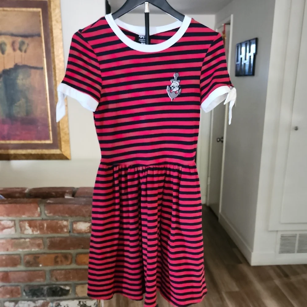 Popeye x Unique Vintage Red & Black Striped Retro Fit & Flare Dress - Picture 2 of 11